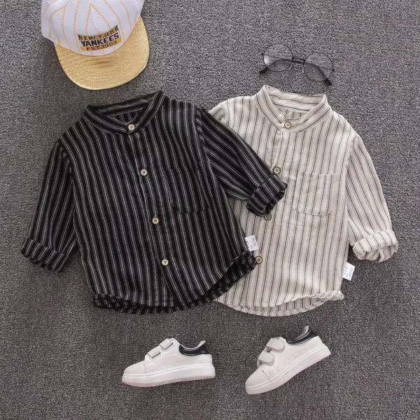 5d8541750aa7b275b4dbf020621a7395 Boy Striped Mandarin Collar Shirt