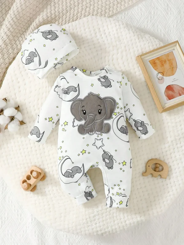 S7718a60b376b45cf9572d392c810ed15e.webp Elephant Embroidered Romper & Hat Set